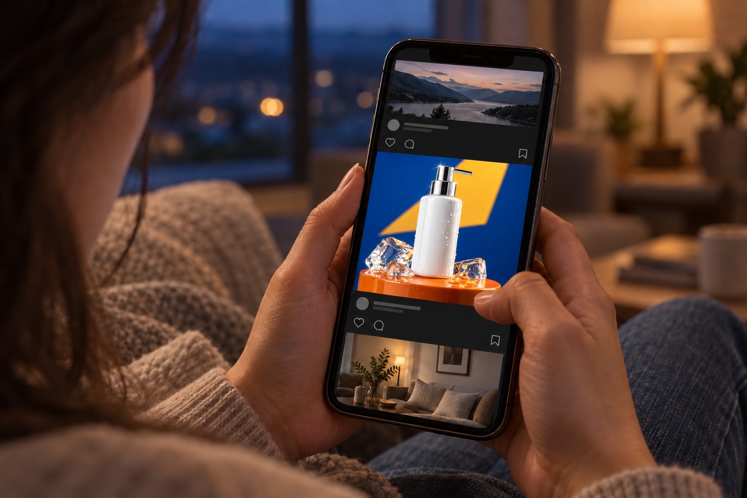 A person scrolling at dusk, with the skincare photo appearing brighter than the other photos in a generic feed